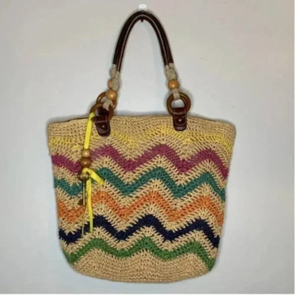 Fossil Multi-Colored Raffia Straw Shoulder Bag with Leather Straps Wood Accents